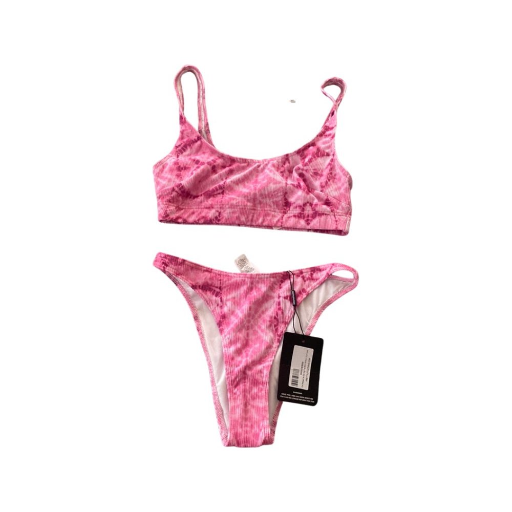pink ribbed tie-dye bikini top and bottom